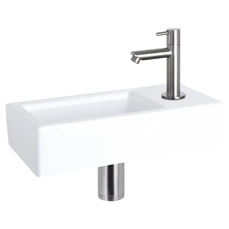 Differnz Ravo fonteinset keramiek - kraan recht - 38.5 x 18.5 x 9 cm - mat chroom Gratis Retour