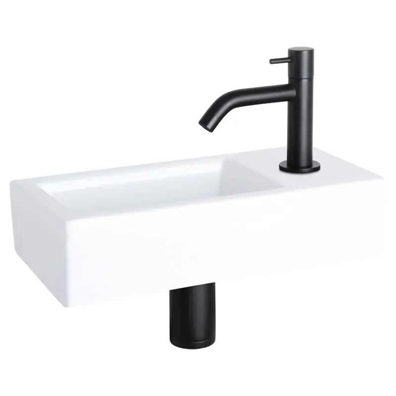 Differnz Ravo fonteinset keramiek - kraan gebogen - 38.5 x 18.5 x 9.5 cm - mat zwart Hoge Kwaliteit