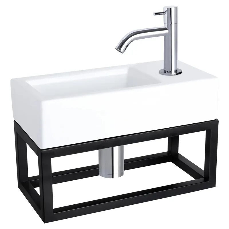 Differnz Ravo fonteinset keramiek - kraan gebogen - met handdoekrek - 38.5 x 18.5 x 9 cm - chroom Fabrieksprijs