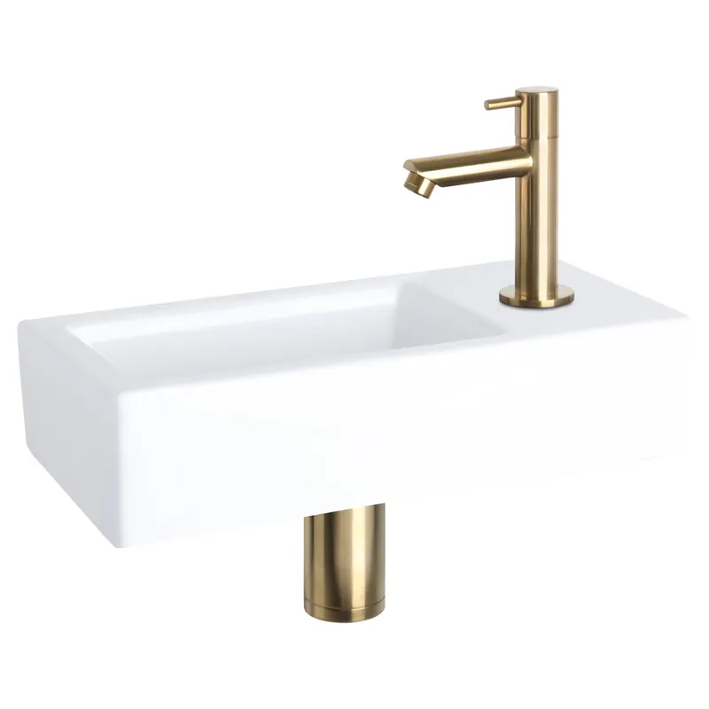 Gratis Retour Differnz Ravo fonteinset keramiek - kraan recht - 38.5 x 18.5 x 9 cm - mat goud
