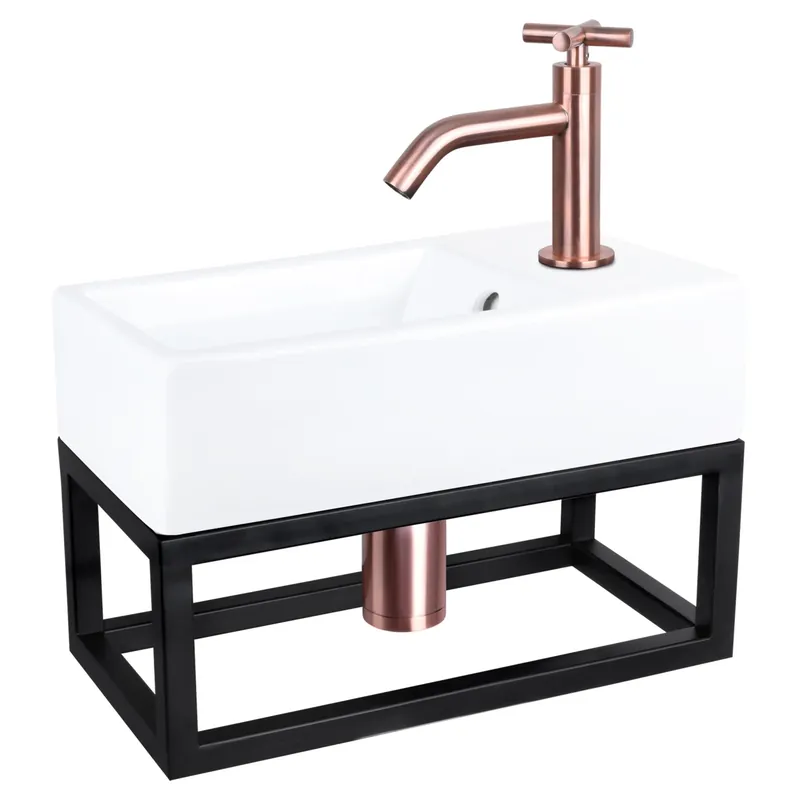Koopje Differnz Force fonteinset keramiek - kraan kruis - met handdoekrek - 40 x 22 x 11.5 cm - rood koper
