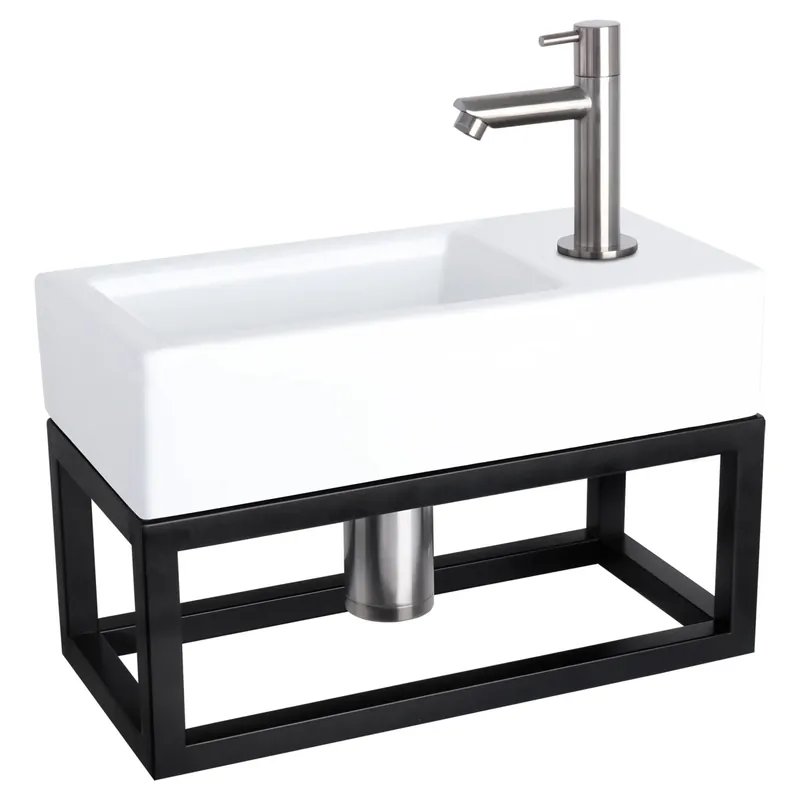 Differnz Ravo fonteinset keramiek - kraan recht - met handdoekrek - 38.5 x 18.5 x 9 cm - mat chroom Bestel Nu
