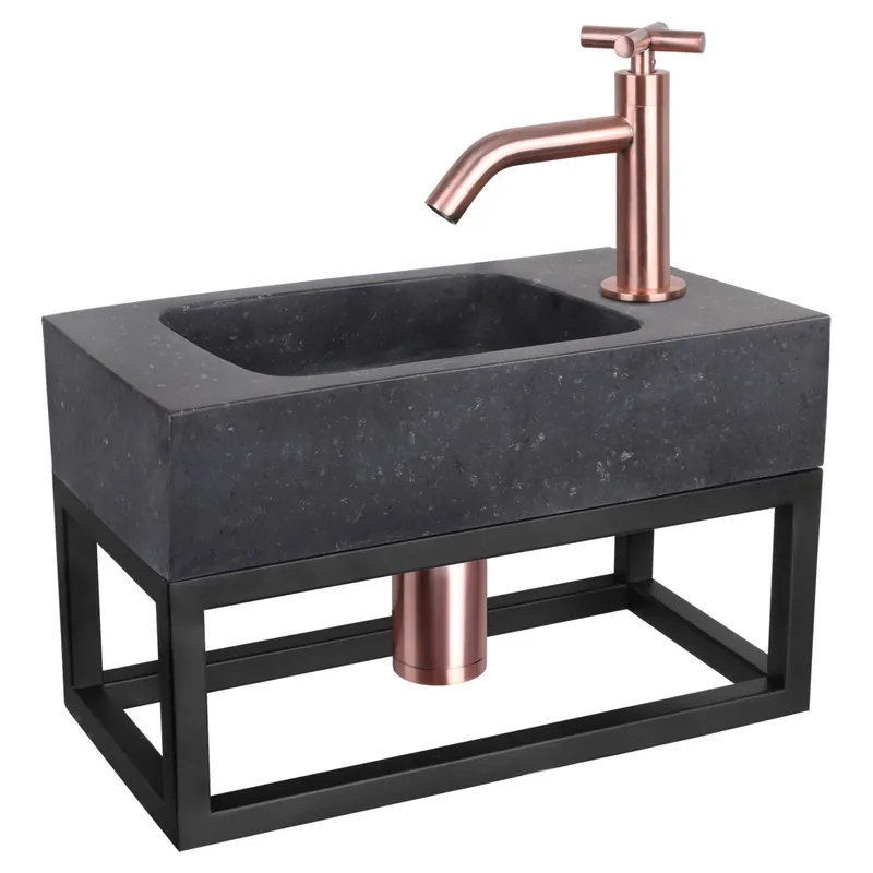 Hoge Kwaliteit Differnz fonteinset bombai black - natuursteen - kraan kruis - met handdoekrek - 40 x 22 x 9 cm - rood koper