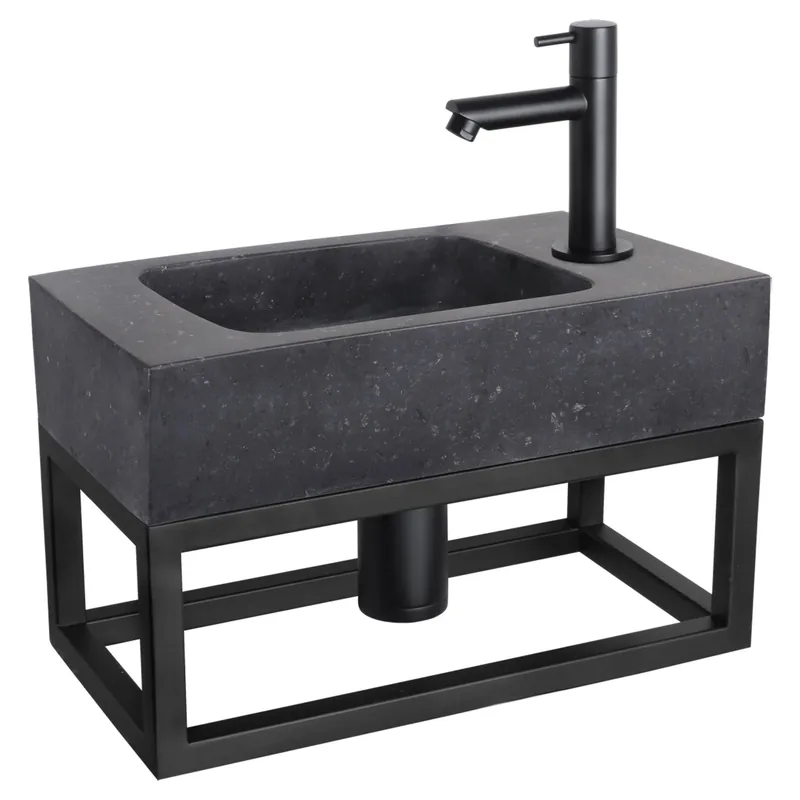 Differnz fonteinset bombai black - natuursteen - kraan recht - met handdoekrek - 40 x 22 x 9 cm - mat zwart Superprijs