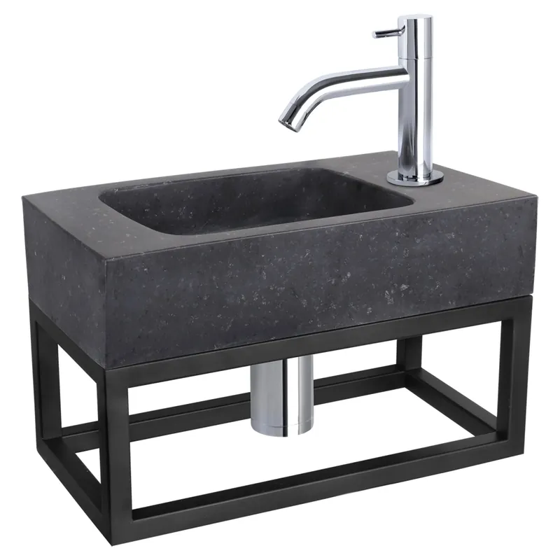 Tijdelijk Beschikbaar Differnz fonteinset bombai black - natuursteen - kraan gebogen - met handdoekrek - 40 x 22 x 9 cm - chroom