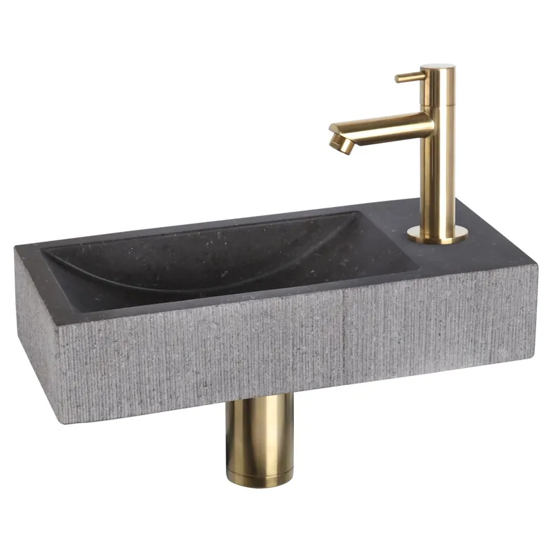 Differnz Ribble fonteinset bombai black - natuursteen - kraan recht - 38 x 18 x 8 cm - mat goud Weekendaanbieding