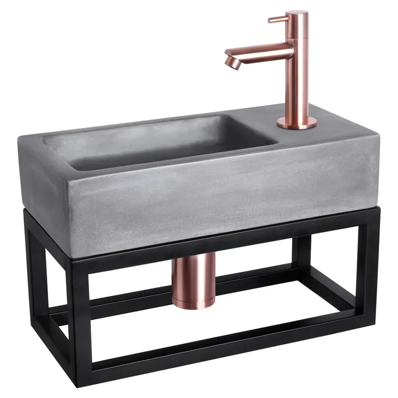 Bestseller Differnz Ravo fonteinset beton donkergrijs - kraan recht - met handdoekrek - 38.5 x 18.5 x 9 cm - rood koper