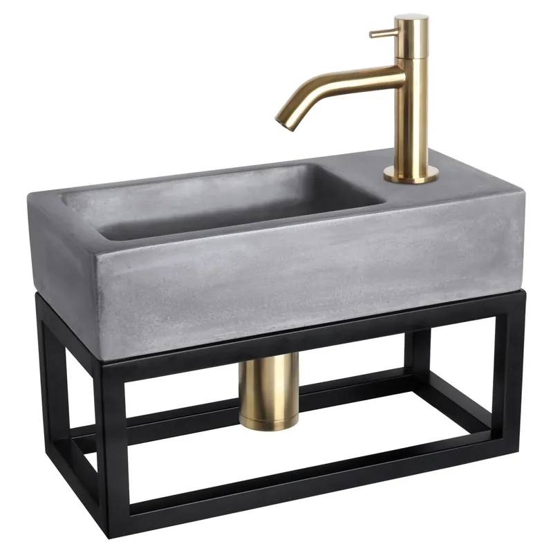 Snelle Levering Differnz Ravo fonteinset beton donkergrijs - kraan gebogen - met handdoekrek - 38.5 x 18.5 x 9 cm - mat goud