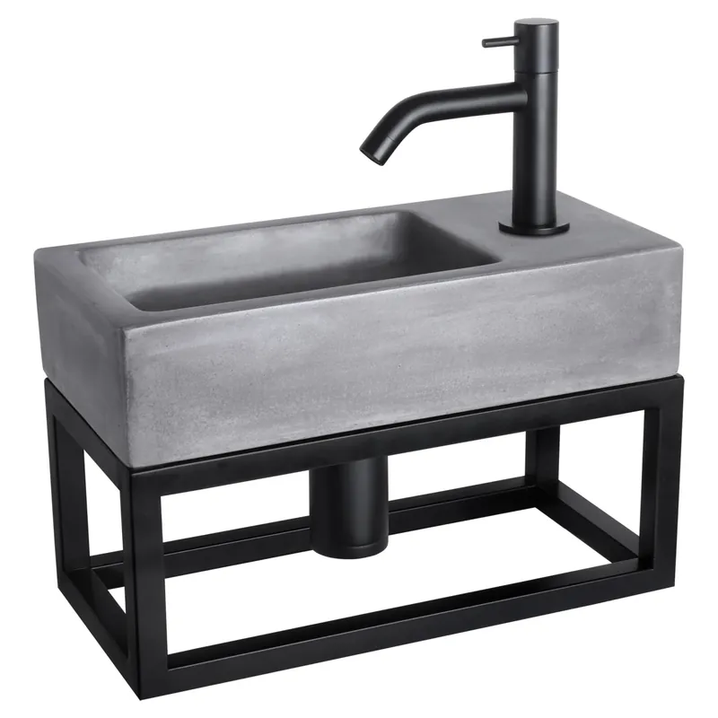 Differnz Ravo fonteinset beton donkergrijs - kraan gebogen - met handdoekrek - 38.5 x 18.5 x 9 cm - mat zwart Bestel Nu