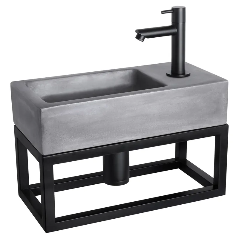 Alleen Vandaag Differnz Ravo fonteinset beton donkergrijs - kraan recht - met handdoekrek - 38.5 x 18.5 x 9 cm - mat zwart