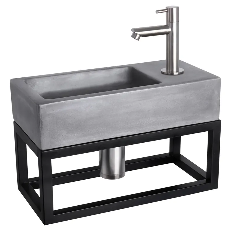 Express Levering Differnz Ravo fonteinset beton donkergrijs - kraan recht - met handdoekrek - 38.5 x 18.5 x 9 cm - mat chroom