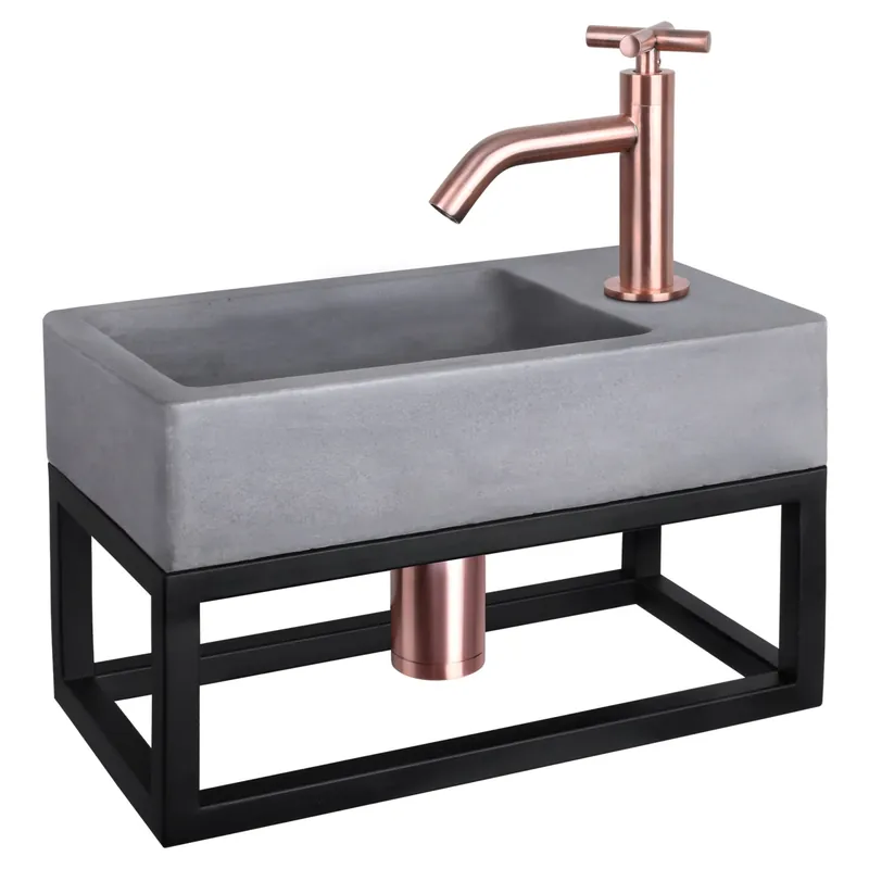 Laatste Versie Differnz Force fonteinset beton donkergrijs - kraan gebogen - met handdoekrek - 40 x 22 x 9 cm - mat goud