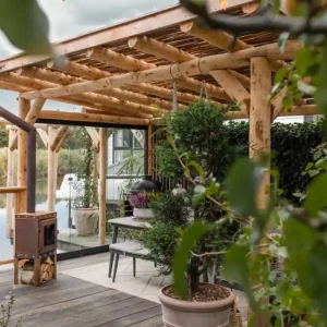 Laatste Kans Douglas ronde palen veranda Huizen met een glazen schuifwand 450x300cm