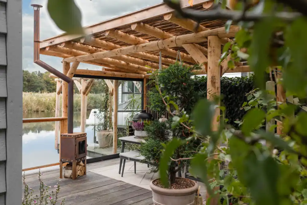 Laatste Kans Douglas ronde palen veranda Huizen met een glazen schuifwand 450x300cm