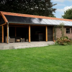Hoge Kwaliteit Douglas tuinhuis met zadeldak en glazen schuifwanden Heerde 720x410cm