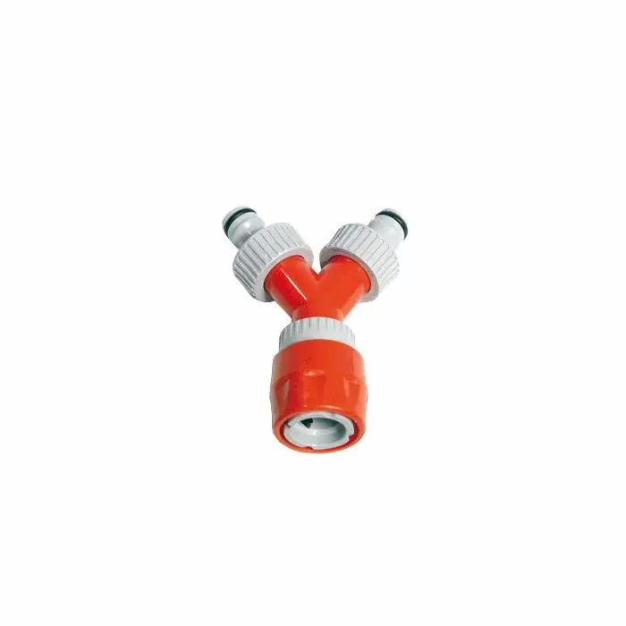 Direct Beschikbaar Y-vertakking met 2 opgeschroefde kraannippels en 1 snelkoppeling (pvc) op kaart