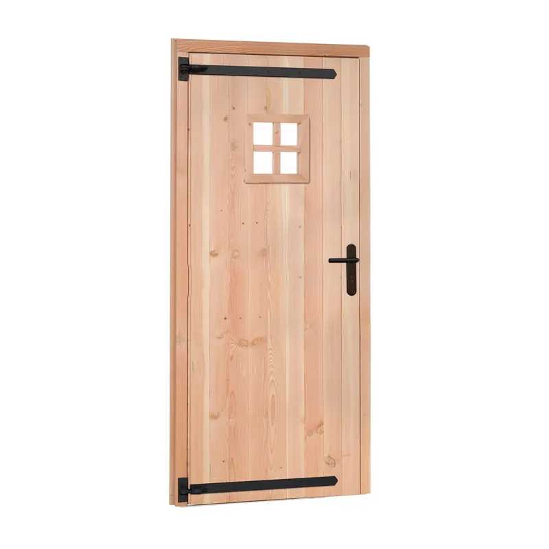 Enkele deur Douglas met zwart beslag incl hang en sluitwerk 91×201,5 cm. Inbouwmaat (bxh) 85×197 cm. Dagaanbieding