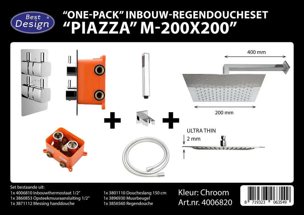 Veilige Betaling Best-design "one pack" inbouw-regendoucheset & inb.box "piazza vierkant m-200x200"