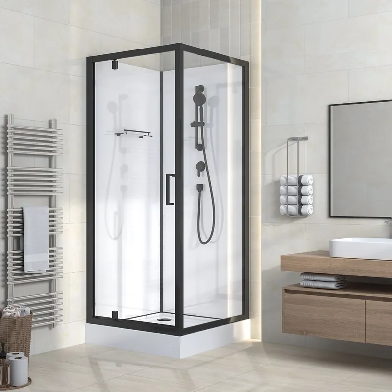 Snelle Levering COMPLETE DOUCHECABINE MET SCHUIFDEUR – 90X120X225 CM – OMKEERBAAR – MAT ZWARTE PROFIELEN – GRIJS ROOKGLAS