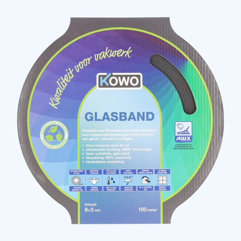 Kowo PE beglazingsband zwart 9x3mm 100 m Korting