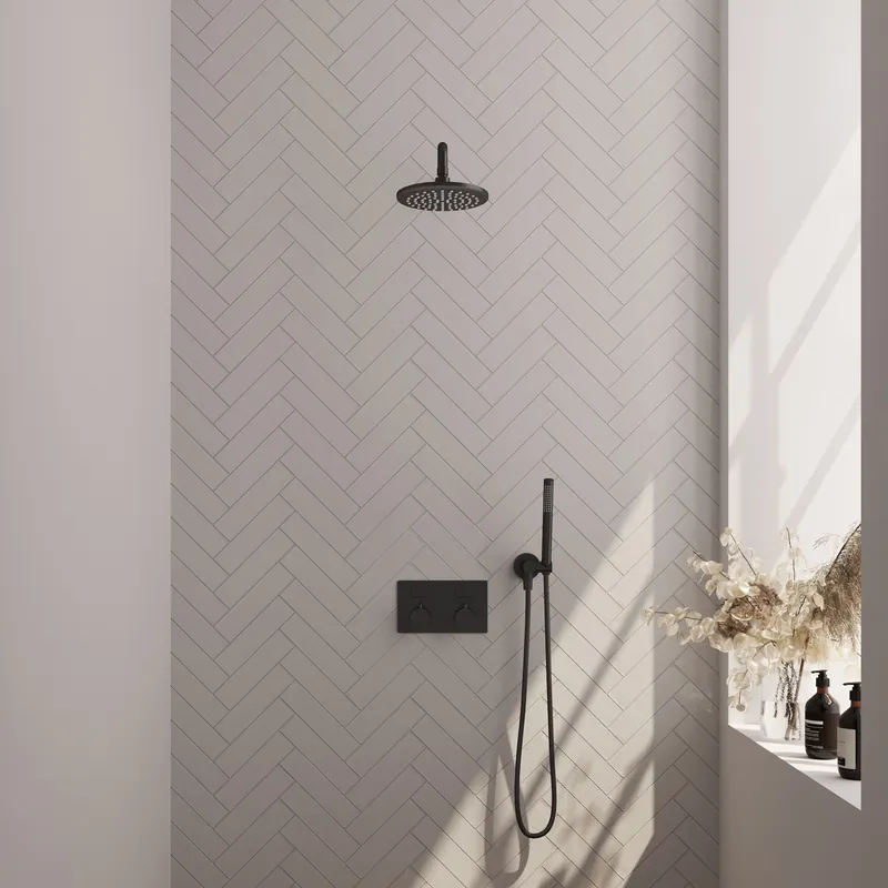 Brauer Black Editon Regendoucheset: Thermostatische Inbouwkraan met Drukknoppen, Gebogen Wandarm, Douchekop Ø20cm, Wandhouder met Wateruitlaat, Staafhanddouche & Doucheslang - Set 51 - Draaiknoppen - Mat Zwart Koop Vandaag