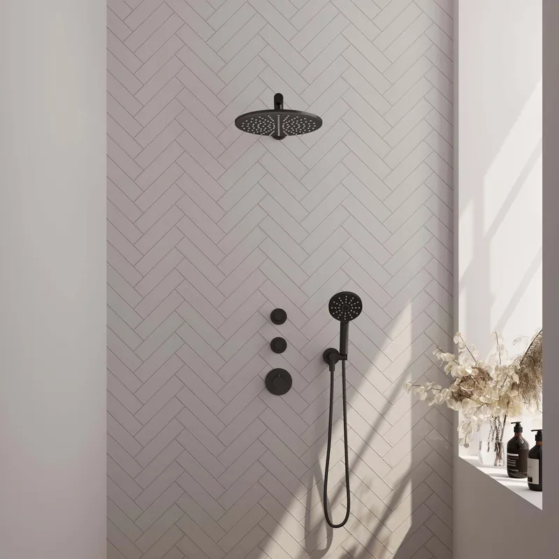 Brauer Black Carving Regendoucheset: Thermostatische Inbouwkraan met Stopkranen, Rechte Wandarm, Douchekop 30cm, Wandhouder met Wateruitlaat, 3-Standen Handdouche & Doucheslang - Set 8 - Geribbeld Draaiknoppen - Mat Zwart Alleen Vandaag