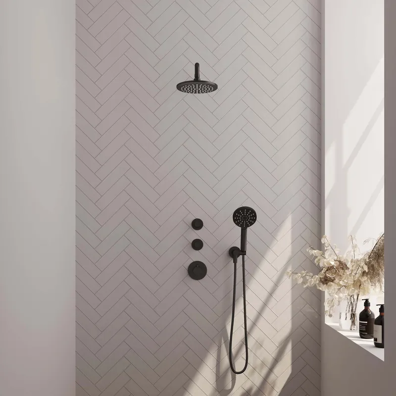 Laatste Kans Brauer Black Carving Regendoucheset: Thermostatische Inbouwkraan met Stopkranen, Gebogen Wandarm, Douchekop 20cm, Wandhouder met Wateruitlaat, 3-Standen Handdouche & Doucheslang - Set 9 - Geribbeld Draaiknoppen - Mat Zwart