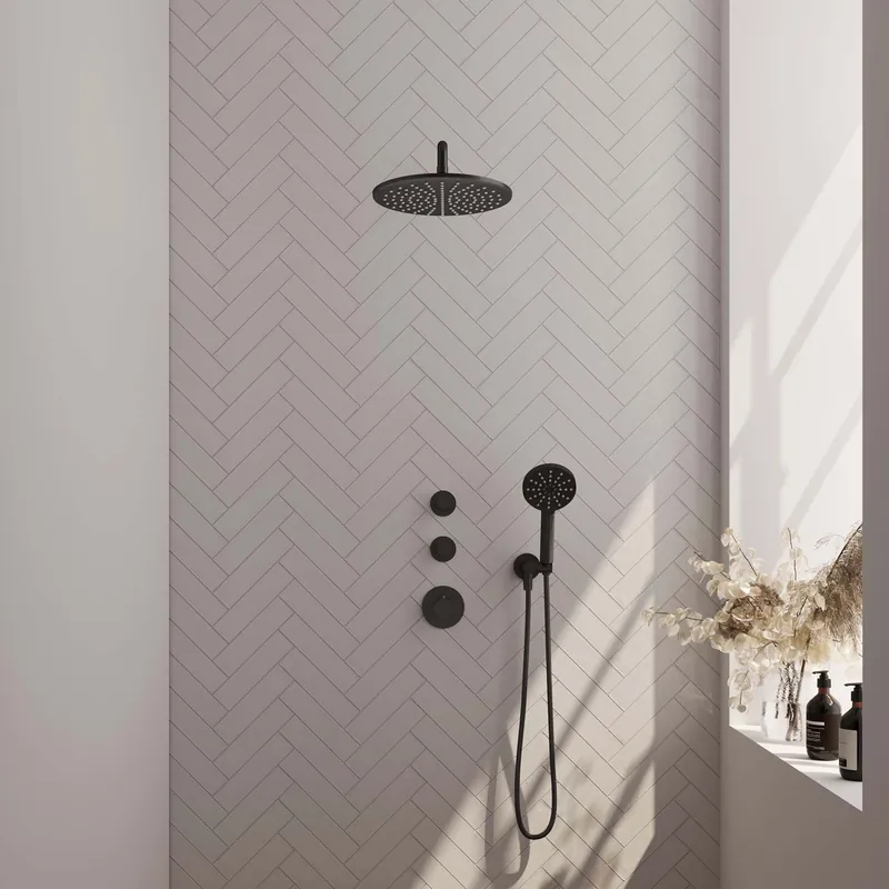 Lage Kosten Brauer Black Carving Regendoucheset: Thermostatische Inbouwkraan met Stopkranen, Gebogen Wandarm, Douchekop 30cm, Wandhouder met Wateruitlaat, 3-Standen Handdouche & Doucheslang - Set 10 - Geribbeld Draaiknoppen - Mat Zwart