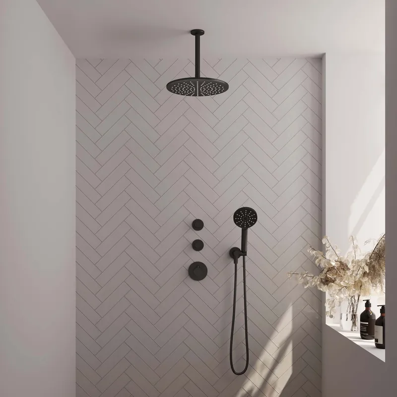 Brauer Black Carving Regendoucheset: Thermostatische Inbouwkraan met Stopkranen, Plafondarm, Douchekop 30cm, Wandhouder met Wateruitlaat, 3-Standen Handdouche & Doucheslang - Set 12 - Geribbeld Draaiknoppen - Mat Zwart Lage Kosten