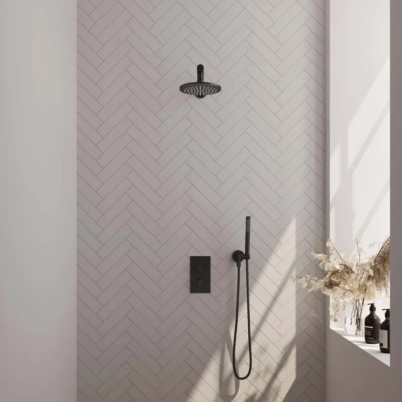 Favoriet Brauer Black Carving Regendoucheset: Thermostatische Inbouwkraan met 3-Weg Omstel, Rechte Wandarm, Douchekop 20cm, Wandhouder met Wateruitlaat, Staafhanddouche & Doucheslang - Set 25 - Geribbeld Draaiknoppen - Mat Zwart