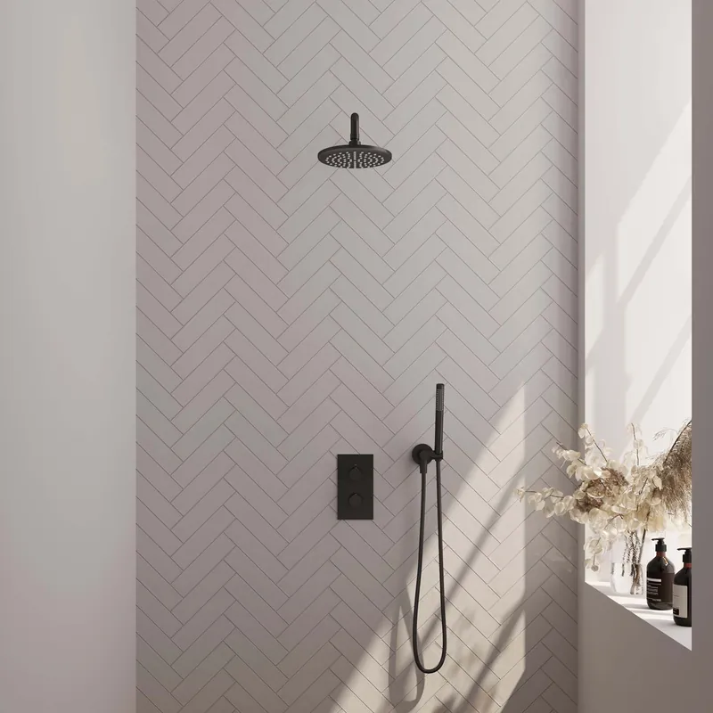 Laatste Versie Brauer Black Carving Regendoucheset: Thermostatische Inbouwkraan met 3-Weg Omstel, Gebogen Wandarm, Douchekop 20cm, Wandhouder met Wateruitlaat, Staafhanddouche & Doucheslang - Set 27 - Geribbeld Draaiknoppen - Mat Zwart