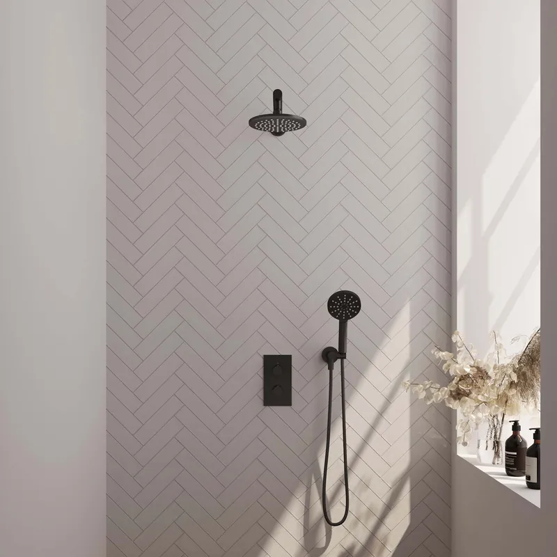 Brauer Black Carving Regendoucheset: Thermostatische Inbouwkraan met 3-Weg Omstel, Rechte Wandarm, Douchekop 20cm, Wandhouder met Wateruitlaat, 3-Standen Handdouche & Doucheslang - Set 31 - Geribbeld Draaiknoppen - Mat Zwart Dagaanbieding