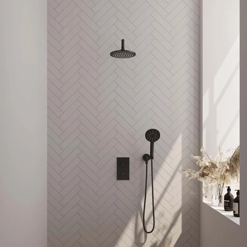 Lage Kosten Brauer Black Carving Regendoucheset: Thermostatische Inbouwkraan met 3-Weg Omstel, Gebogen Wandarm, Douchekop 20cm, Wandhouder met Wateruitlaat, 3-Standen Handdouche & Doucheslang - Set 33 - Geribbeld Draaiknoppen - Mat Zwart