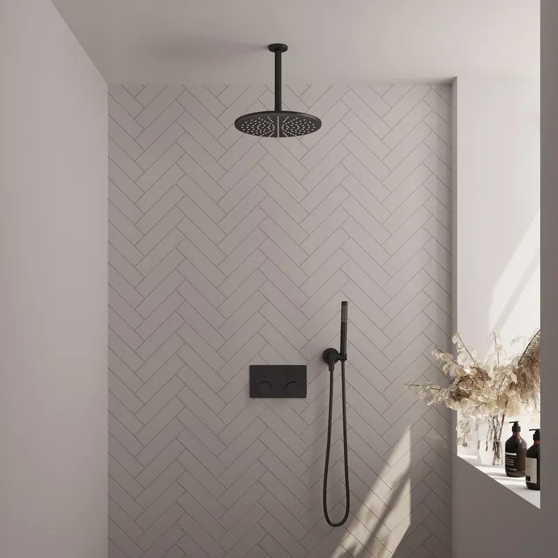 Brauer Black Carving Regendoucheset: Thermostatische Inbouwkraan met Drukknoppen, Plafondarm, Douchekop 30cm, Wandhouder met Wateruitlaat, Staafhanddouche & Doucheslang - Set 54 - Geribbeld Draaiknoppen - Mat Zwart Beperkte Voorraad