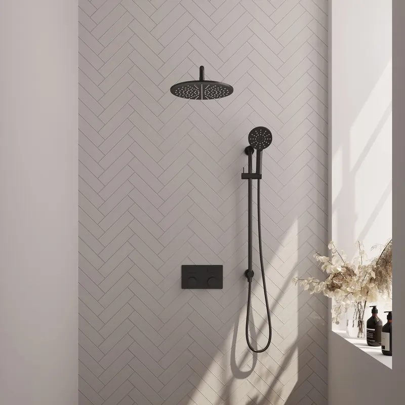 Brauer Black Carving Regendoucheset: Thermostatische Inbouwkraan met Drukknoppen, Gebogen Wandarm, Douchekop 30cm, Glijstang met Wateruitlaat, 3-Standen Handdouche & Doucheslang - Set 70 - Geribbeld Draaiknoppen - Mat Zwart Lage Kosten