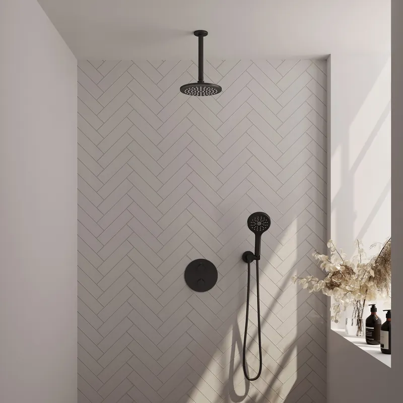 Brauer Black Carving Regendoucheset: Thermostatische Inbouwkraan met 3-Weg Omstel, Plafondarm, Douchekop 20cm, Wandaansluitbocht, 3-Standen Handdouche & Doucheslang - Set 83 - Draaiknoppen - Mat Zwart Speciale Aanbieding