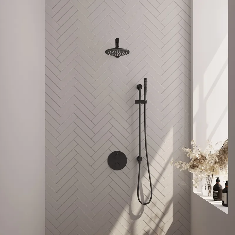 Brauer Black Carving Regendoucheset: Thermostatische Inbouwkraan met 3-Weg Omstel, Rechte Wandarm, Douchekop 20cm, Geintegreerde Glijstang, Staafhanddouche & Doucheslang - Set 85 - Draaiknoppen - Mat Zwart Hoge Kwaliteit