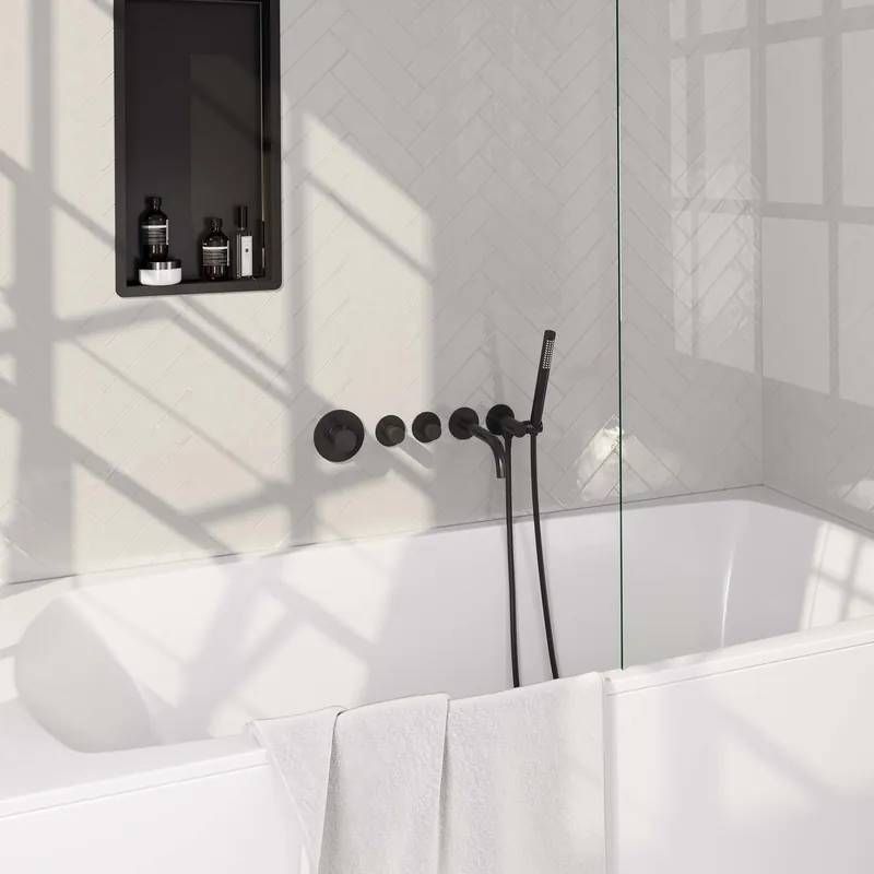 Weekendaanbieding Brauer Black Carving Thermostatische Inbouw Badkraan met Omstel, Uitloop, Stopkranen, Wandhouder met Wateruitlaat, Staafhanddouche & Doucheslang - Set 1 - Geribbeld Draaiknoppen - Mat Zwart