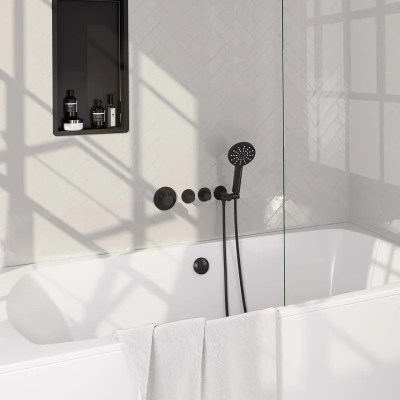 Koop Vandaag Brauer Black Carving Thermostatische Inbouw Badkraan met Omstel, Badvulcombinatie, Stopkranen, Wandhouder met Wateruitlaat, 3-Standen Handdouche & Doucheslang - Set 2 - Geribbeld Draaiknoppen - Mat Zwart