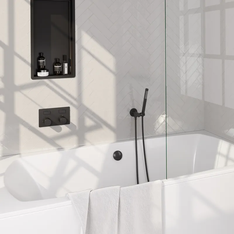 Brauer Black Carving Thermostatische Inbouw Badkraan met Omstel, Badvulcombinatie, Drukknoppen, Wandhouder met Wateruitlaat, Staafhanddouche & Doucheslang - Set 3 - Geribbeld Draaiknoppen - Mat Zwart Aanbieding
