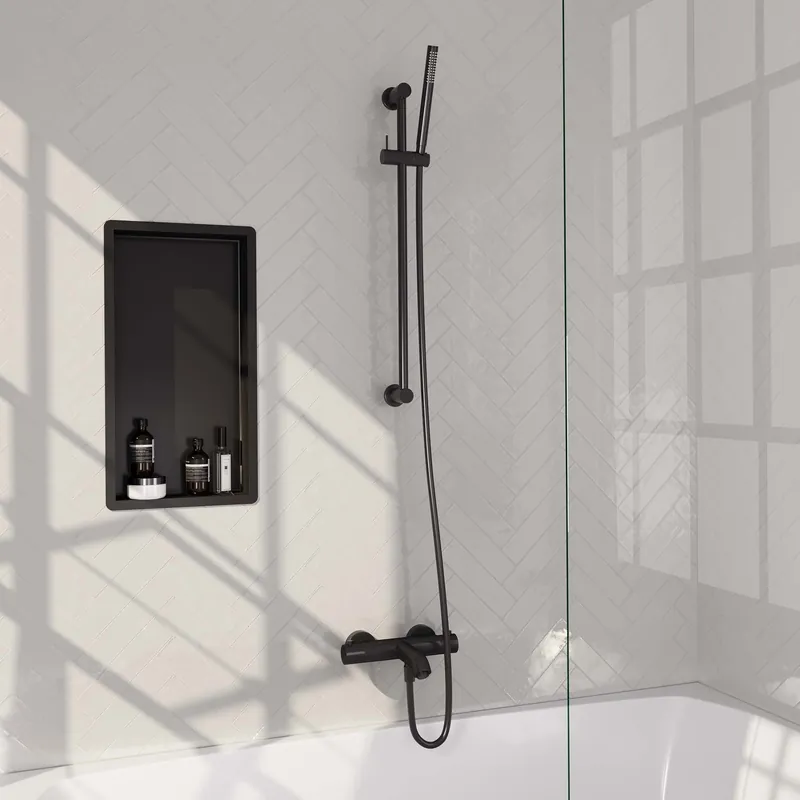 Brauer Black Carving Thermostatische Opbouw Badkraan met Omstel, Glijstang, Staafhanddouche & Doucheslang - Set 1 - Geribbeld Draaiknoppen - Mat Zwart Meest Verkocht