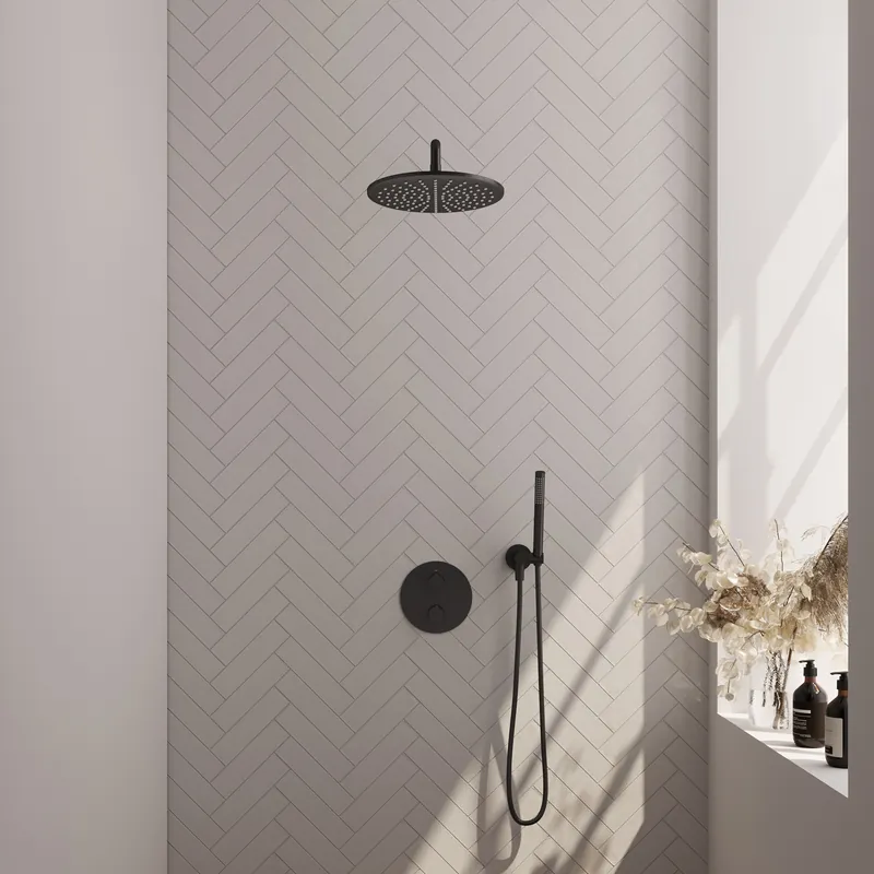 Fabrieksprijs Brauer Black Edition Regendoucheset: Thermostatische Inbouwkraan met 3-Weg Omstel, Gebogen Wandarm, Douchekop 30cm, Wandaansluitbocht, Staafhanddouche & Doucheslang - Set 76 - Draaiknoppen - Mat Zwart