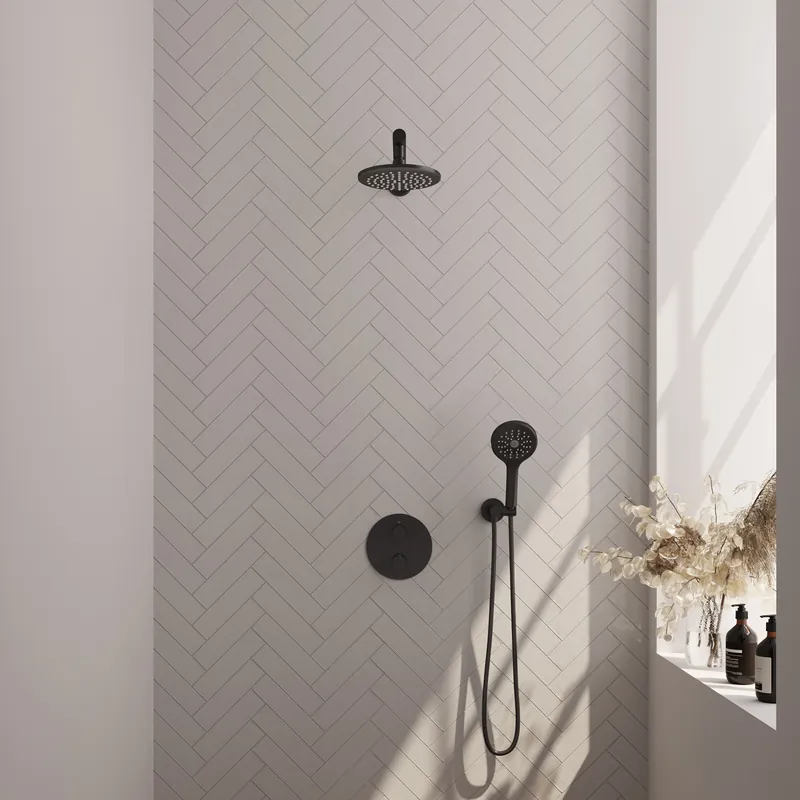 Brauer Black Edition Regendoucheset: Thermostatische Inbouwkraan met 3-Weg Omstel, Rechte Wandarm, Douchekop 20cm, Wandaansluitbocht, 3-Standen Handdouche & Doucheslang - Set 79 - Draaiknoppen - Mat Zwart Premium