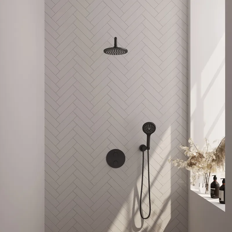 Brauer Black Edition Regendoucheset: Thermostatische Inbouwkraan met 3-Weg Omstel, Gebogen Wandarm, Douchekop 20cm, Wandaansluitbocht, 3-Standen Handdouche & Doucheslang - Set 81 - Draaiknoppen - Mat Zwart Speciale Aanbieding