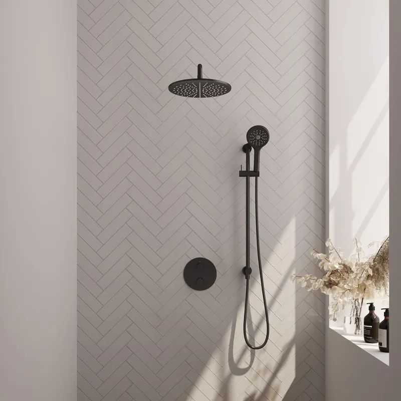 Koopje Brauer Black Edition Regendoucheset: Thermostatische Inbouwkraan met 3-Weg Omstel, Gebogen Wandarm, Douchekop 30cm, Geintegreerde Glijstang, 3-Standen Handdouche & Doucheslang - Set 94 - Draaiknoppen - Mat Zwart