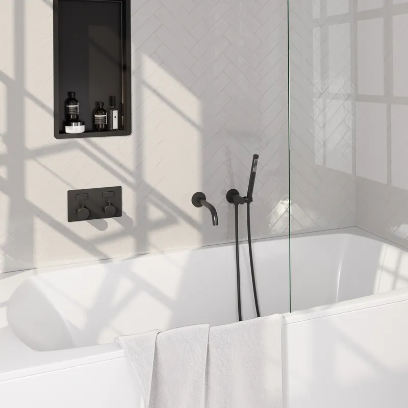 Must-Have Brauer Black Edition Thermostatische Inbouw Badkraan met Omstel, Uitloop, Drukknoppen, Wandhouder met Wateruitlaat, Staafhanddouche & Doucheslang - Set 3 - Draaiknoppen - Mat Zwart