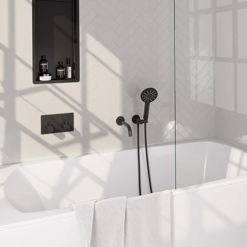 Brauer Black Edition Thermostatische Inbouw Badkraan met Omstel, Uitloop, Drukknoppen, Wandhouder met Wateruitlaat, 3-Standen Handdouche & Doucheslang - Set 4 - Draaiknoppen - Mat Zwart Koop Vandaag