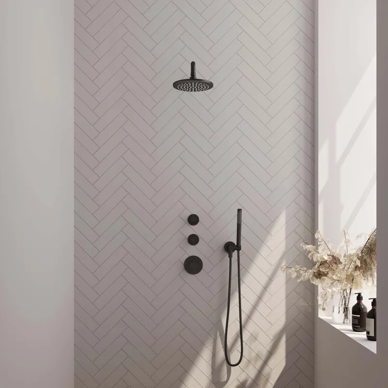 Brauer Black Editon Regendoucheset: Thermostatische Inbouwkraan met Stopkranen, Gebogen Wandarm, Douchekop 20cm, Wandhouder met Wateruitlaat, Staafhanddouche & Doucheslang - Set 3 - Draaiknoppen - Mat Zwart Tijdelijk Beschikbaar