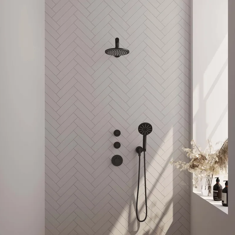 Gratis Retour Brauer Black Editon Regendoucheset: Thermostatische Inbouwkraan met Stopkranen, Rechte Wandarm, Douchekop 20cm, Wandhouder met Wateruitlaat, 3-Standen Handdouche & Doucheslang - Set 7 - Draaiknoppen - Mat Zwart