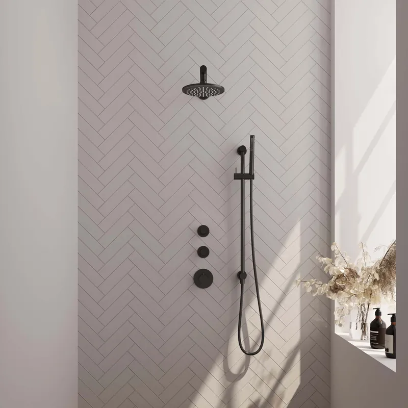Premium Brauer Black Editon Regendoucheset: Thermostatische Inbouwkraan met Stopkranen, Rechte Wandarm, Douchekop 20cm, Glijstang met Wateruitlaat, Staafhanddouche & Doucheslang - Set 13 - Draaiknoppen - Mat Zwart